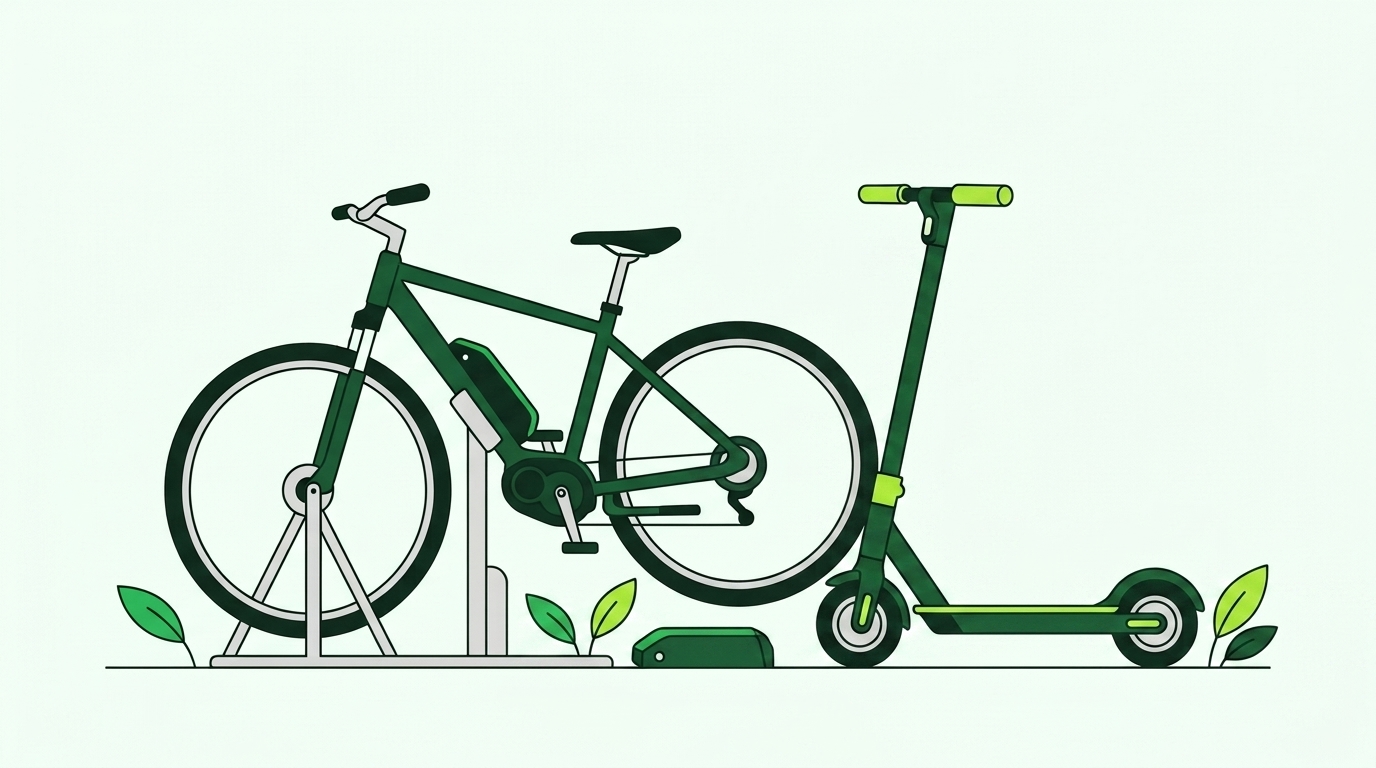 A mechanic repairing an e-bike and an e-scooter